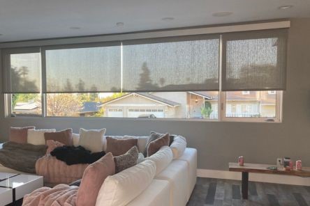 Chula Vista living room with custom sheer roller shades partially lowered over wide windows, diffusing sunlight for a cozy and modern atmosphere.